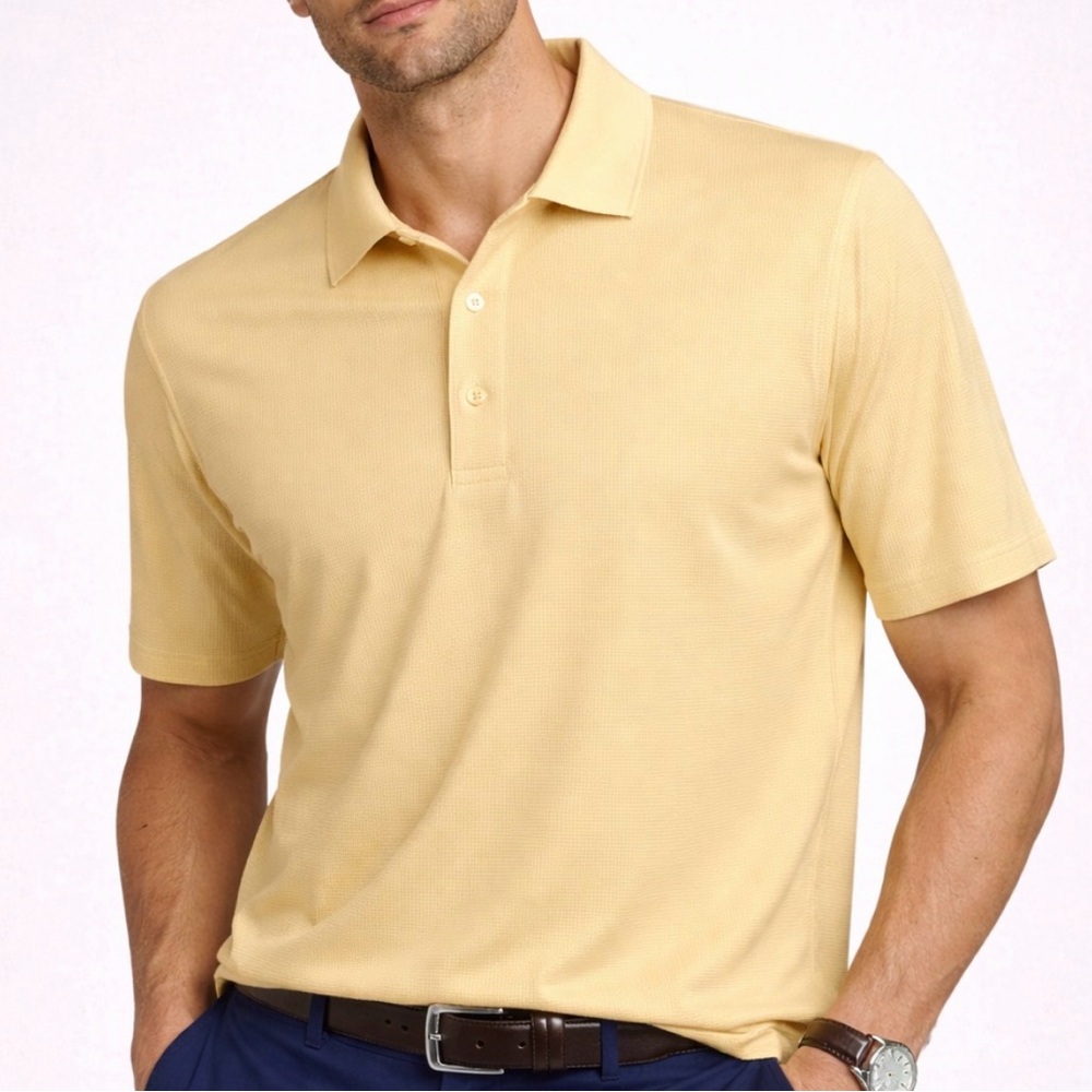 -Cutter and Buck Yellow & White Micro Stripe Golf Polo Shirt S/S Men's Sz Large